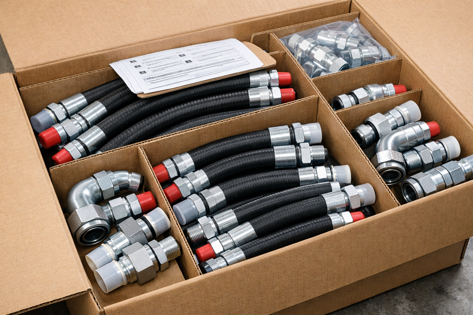 Industrial hose fittings - metal elbow connectors, threaded adapters, quick-connect couplings, brass and silver components on reflective steel surface with black braided hoses